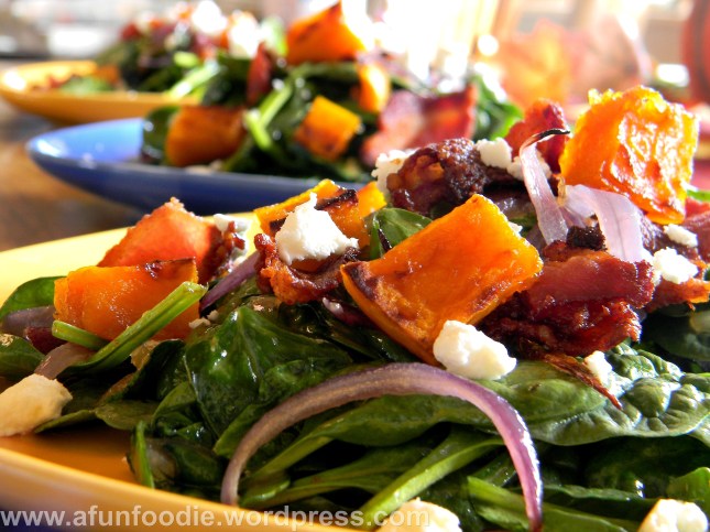 Roasted Squash and Wilted Spinach Salad with Bacon-Shallot Vinaigrette